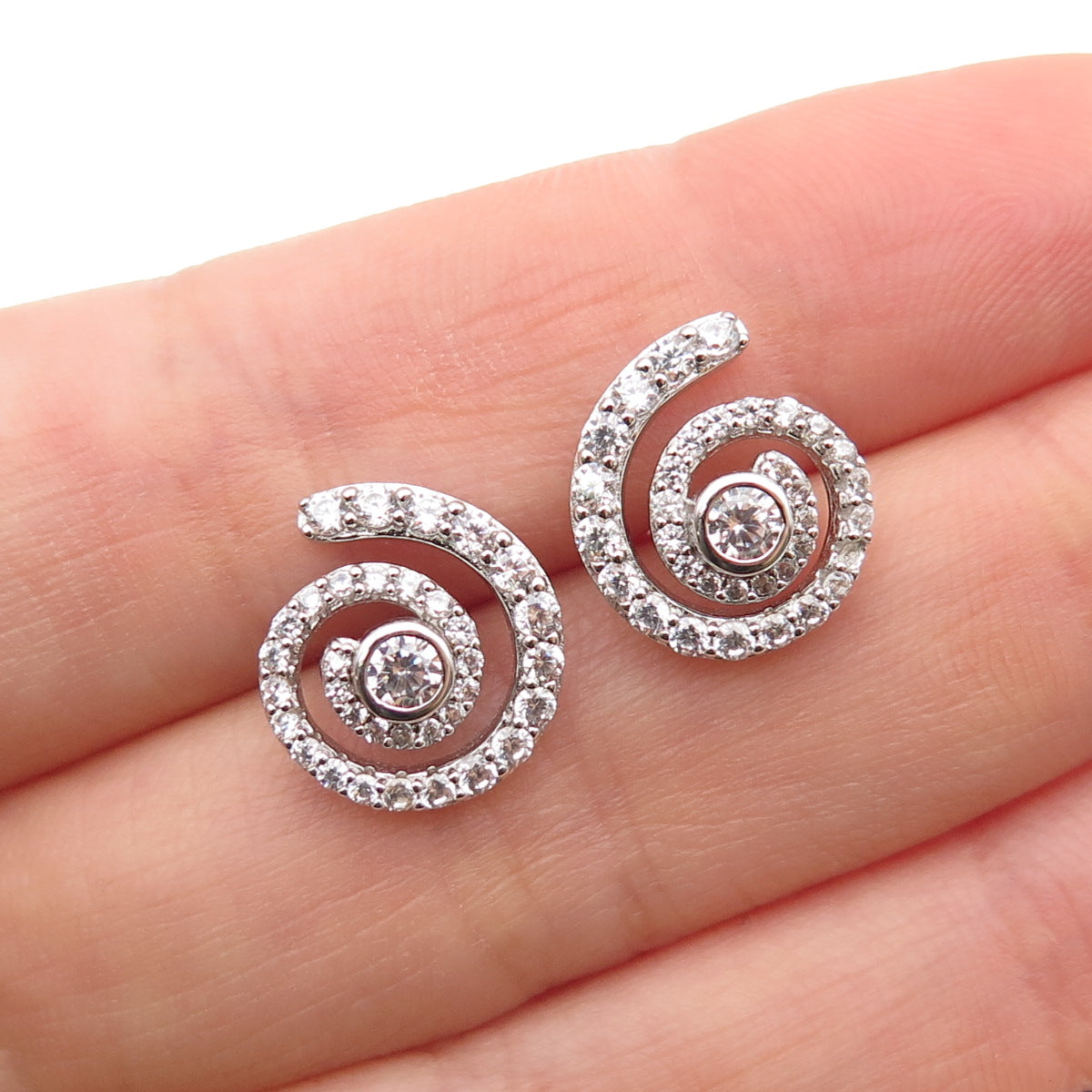 925 Sterling Silver Round-Cut C Z Spiral Stud Earrings