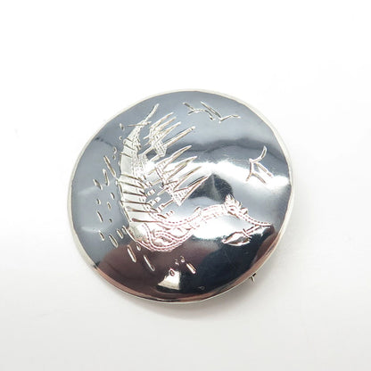 925 Sterling Silver Vintage Siam Niello Boat / Ship Round Pin Brooch