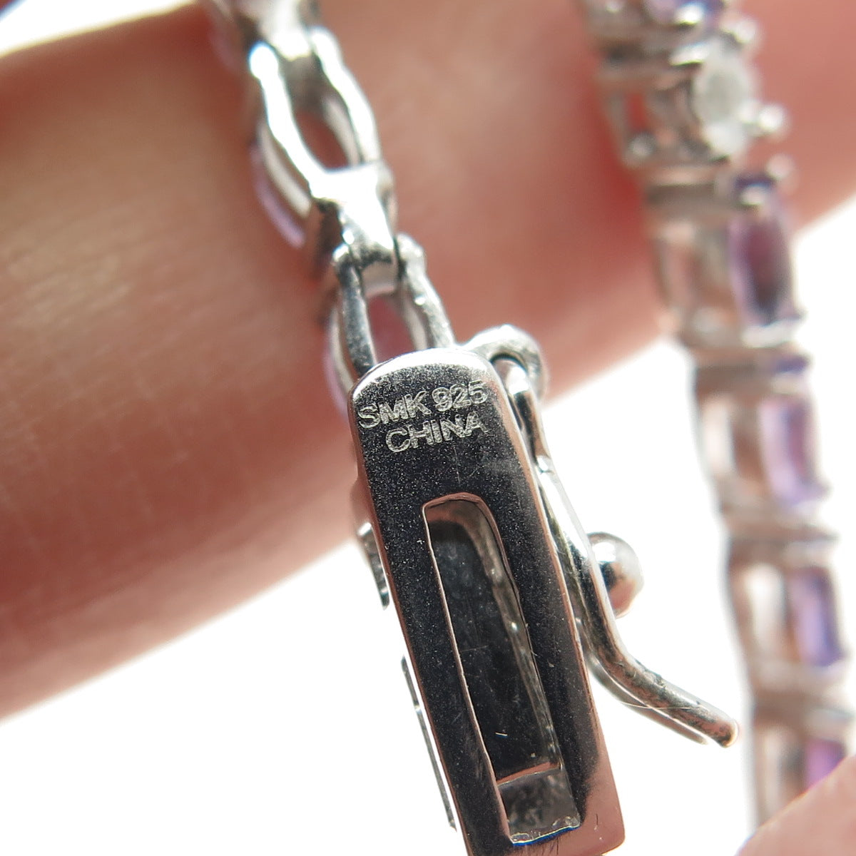 925 Sterling Silver Real Diamond & Marquise-Cut Amethyst Bracelet 7.75"