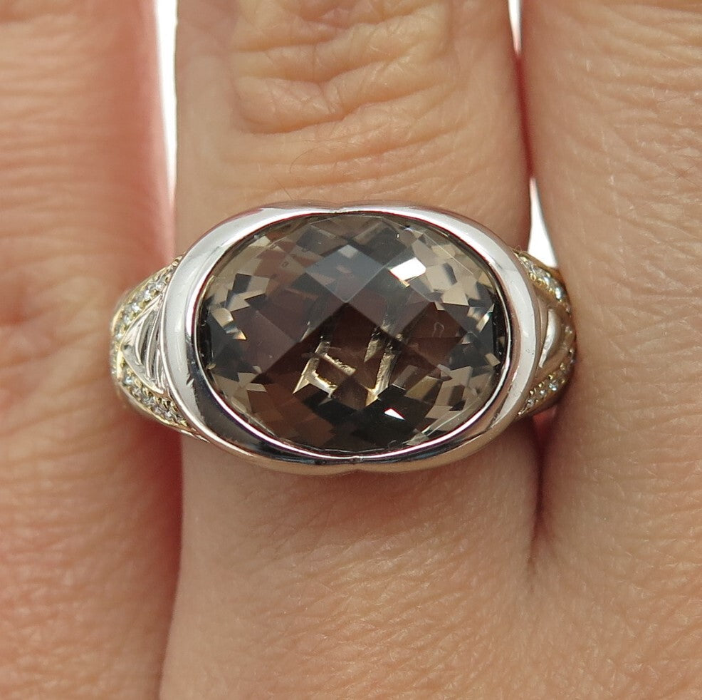 DANWAK 18K Gold Sterling 46 Diamond 0.23ct & Smoky Quartz 6.44ct Ring Size 7.25