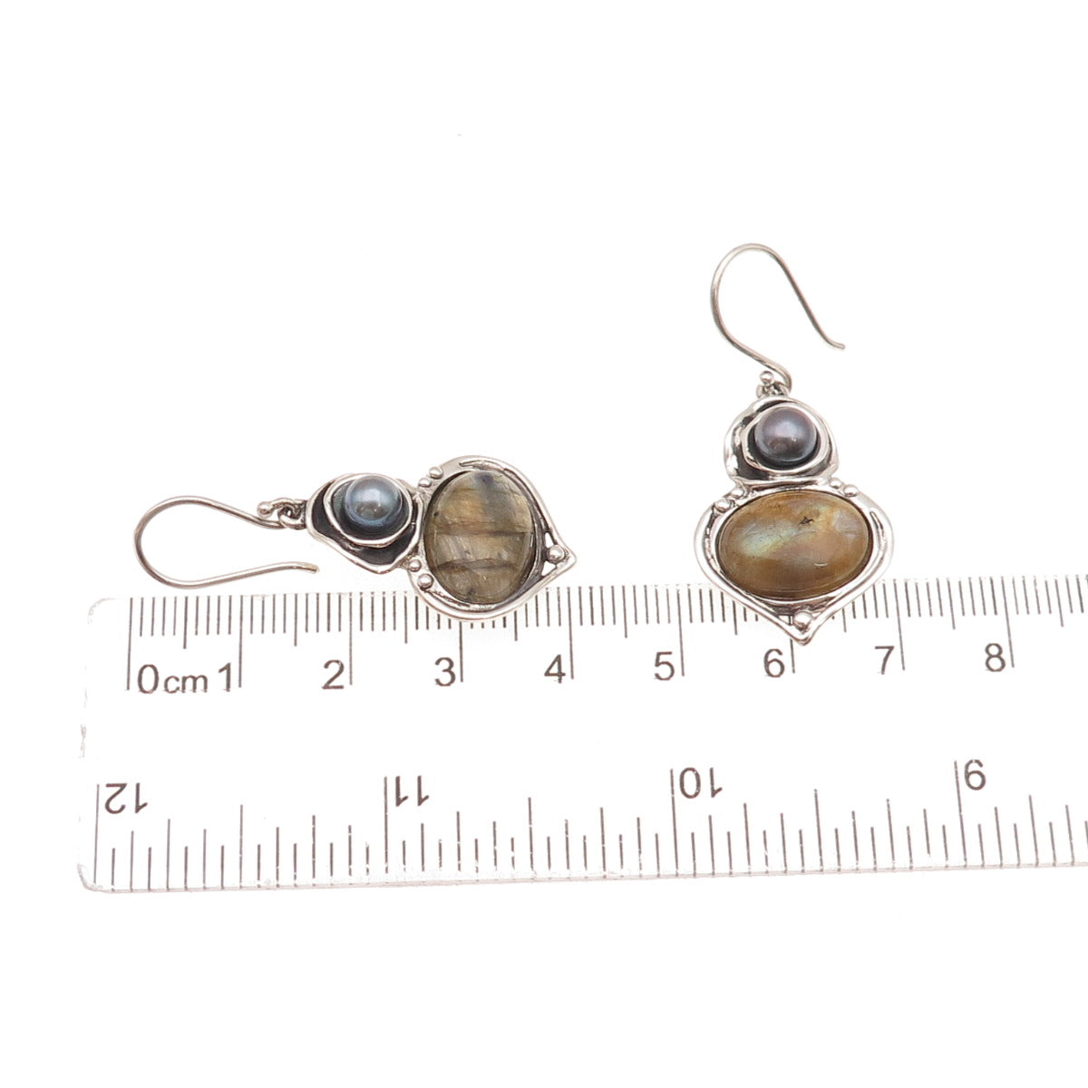 Hagit Gorali 925 Sterling Silver Vintage Israel Real Labradorite Pearl Earrings