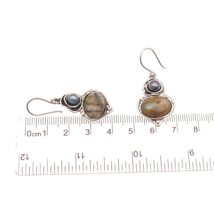 Hagit Gorali 925 Sterling Silver Vintage Israel Real Labradorite Pearl Earrings