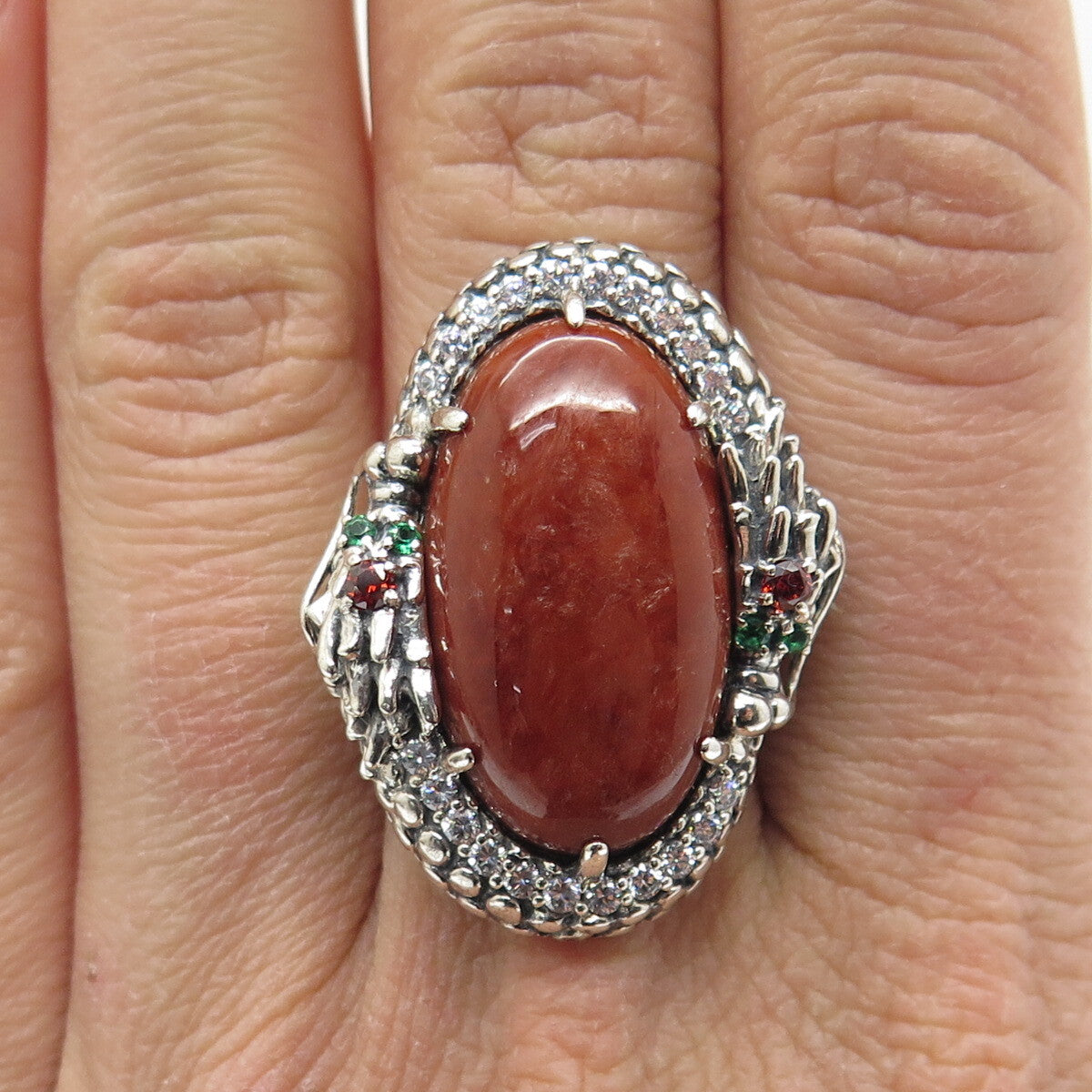 925 Sterling Silver Vintage Jasper Chrome Diopside Garnet & C Z Ring Size 8.25