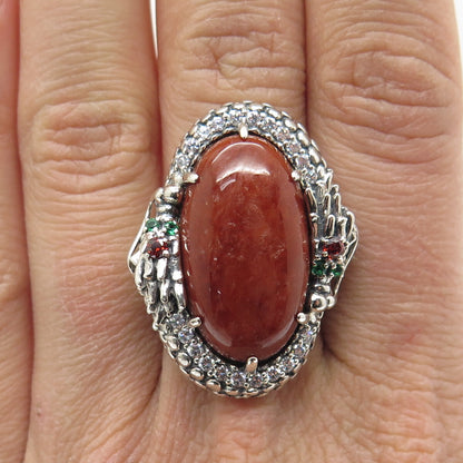 925 Sterling Silver Vintage Jasper Chrome Diopside Garnet & C Z Ring Size 8.25