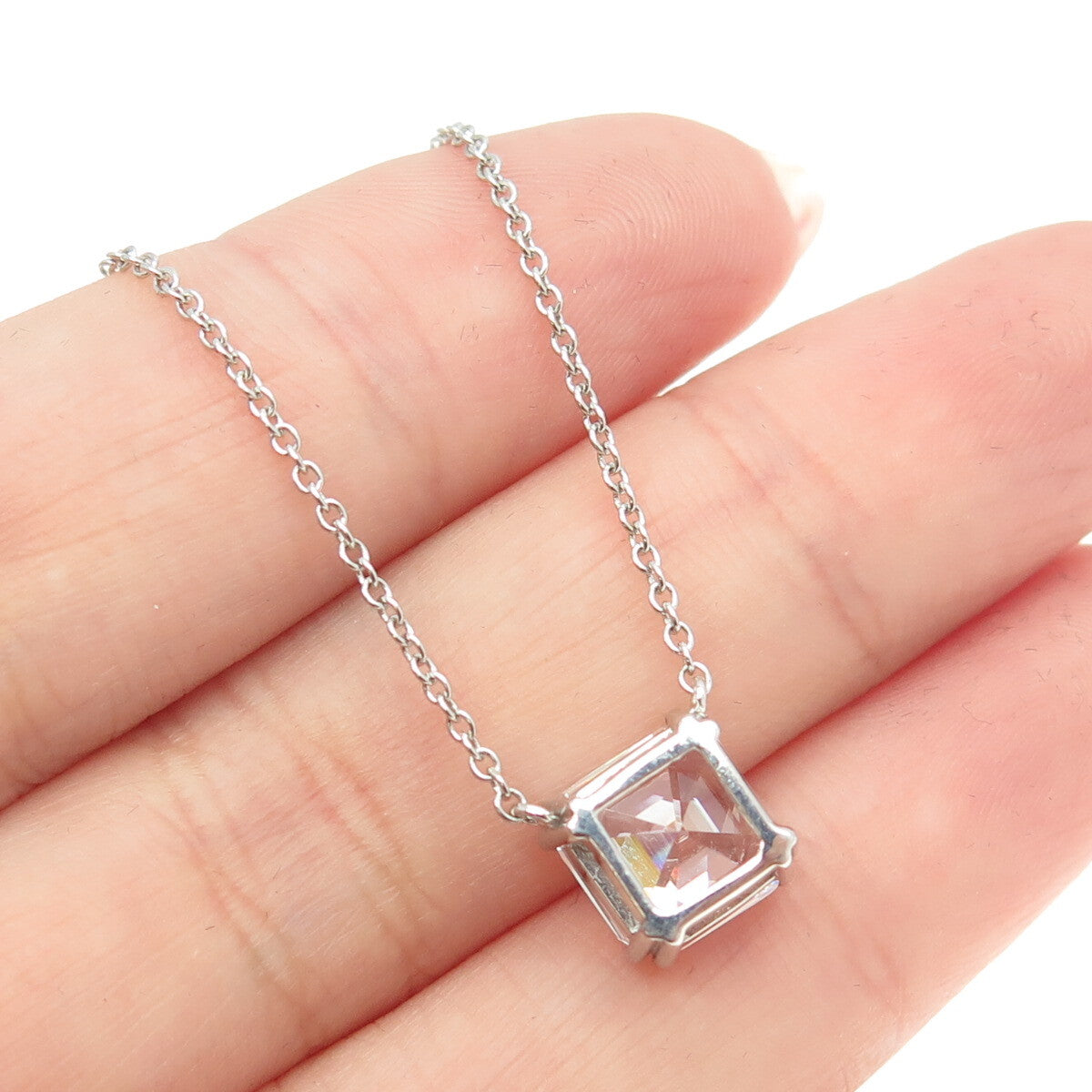925 Sterling Silver Cushion-Cut Shaped C Z Rolo Chain Necklace 18"