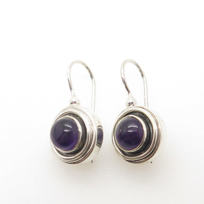 925 Sterling Silver Vintage Real Amethyst Gemstone Dangling Earrings