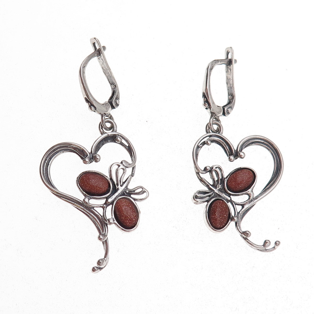 925 Sterling Vintage Poland Real Goldstone Butterfly & Heart Dangle Earrings