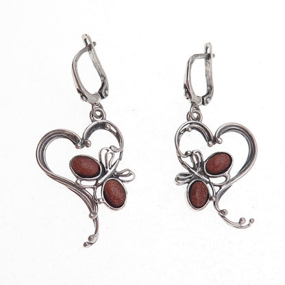 925 Sterling Vintage Poland Real Goldstone Butterfly & Heart Dangle Earrings