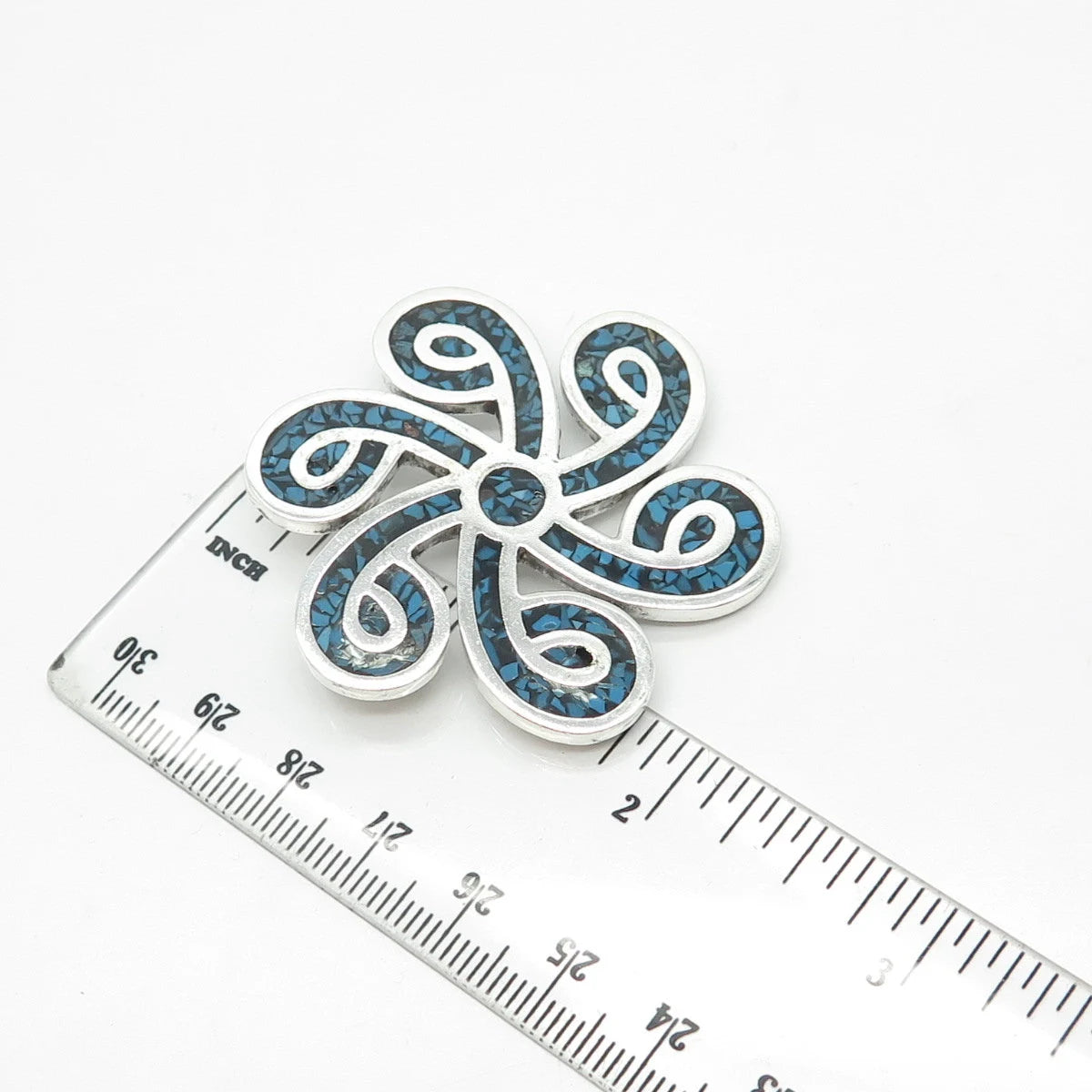 925 Sterling Silver Vintage Mexico Real Turquoise Gem Inlay Pin Brooch