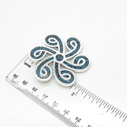 925 Sterling Silver Vintage Mexico Real Turquoise Gem Inlay Pin Brooch