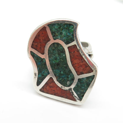 Old Pawn 925 Sterling Silver Southwestern Turquoise & Coral Inlay Ring Size 6.75