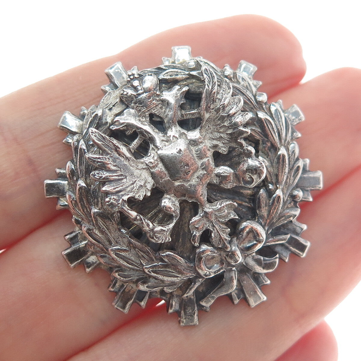 LISNER Silver-Tone Vintage 1950s Poland Double Headed Eagle Oxidized Pin Brooch