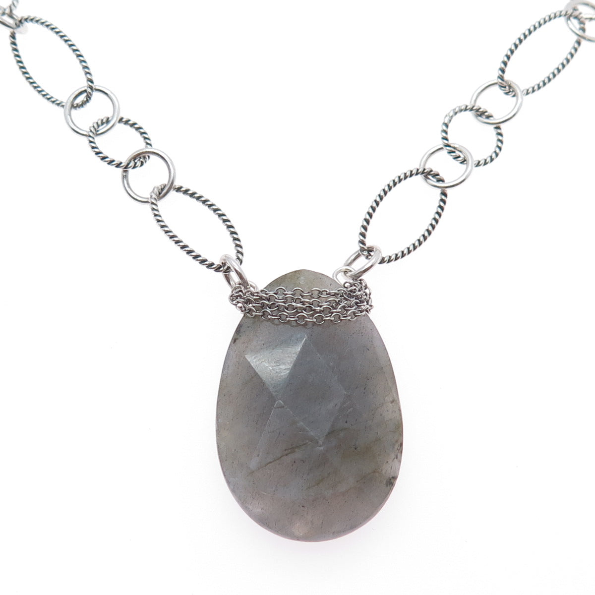 925 Sterling Silver Vintage Real Labradorite Figaro Chain Necklace 14"