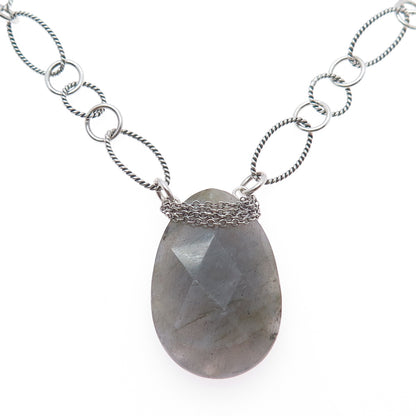 925 Sterling Silver Vintage Real Labradorite Figaro Chain Necklace 14"