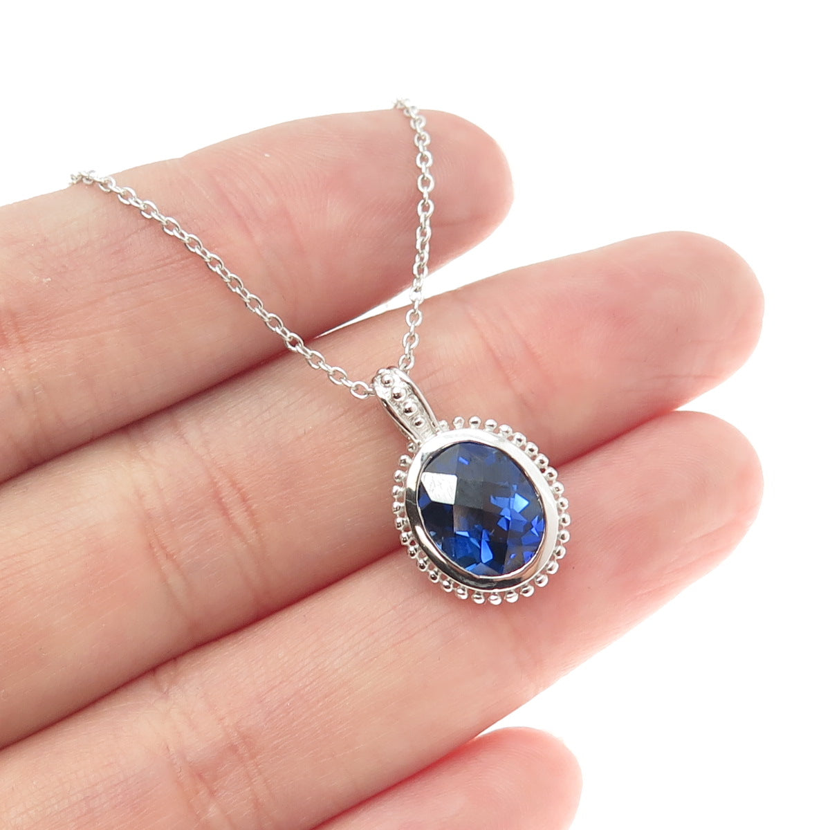 925 Sterling Silver Lab-Created Sapphire Pendant Rolo Chain Necklace 18"