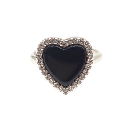 925 Sterling Silver Vintage Real Black Onyx & C Z Heart Ring Size 7