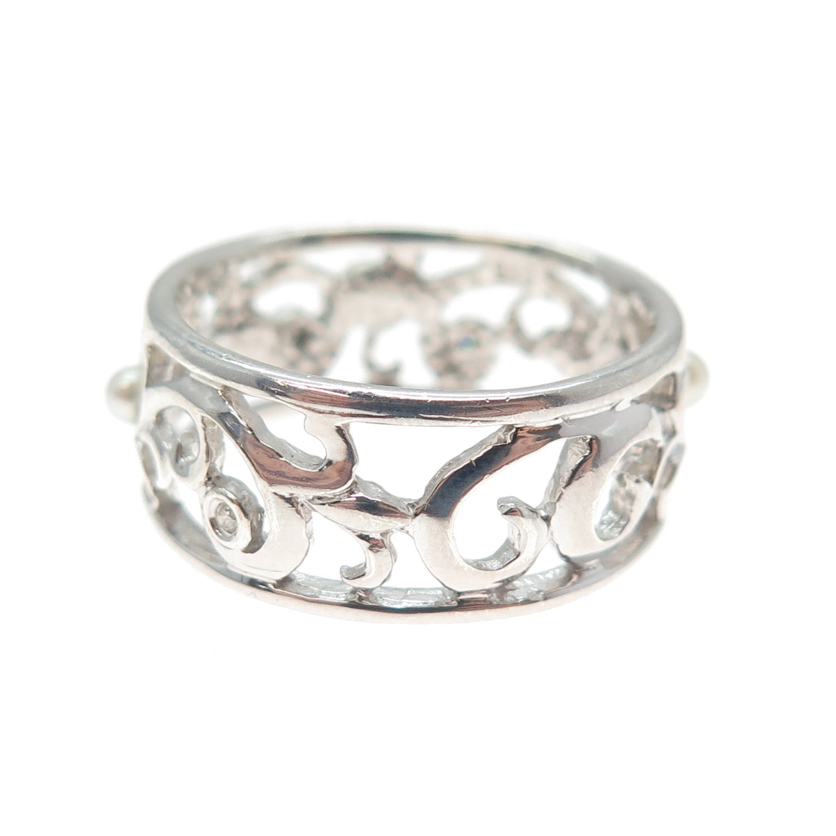 LENOX 925 Sterling Silver Real Diamond & Pearl Floral Scroll Band Ring Size 9.25