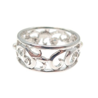 LENOX 925 Sterling Silver Real Diamond & Pearl Floral Scroll Band Ring Size 9.25
