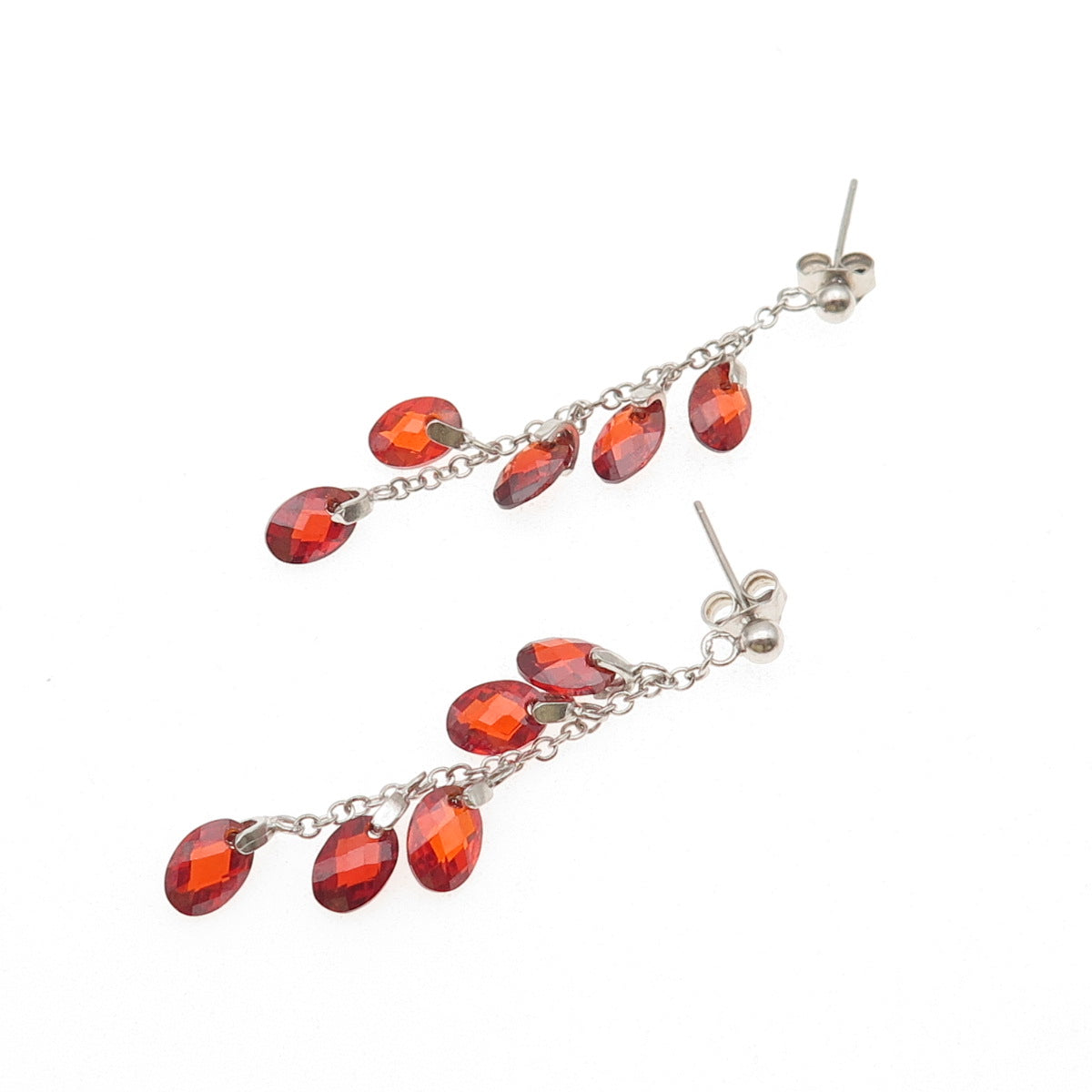 925 Sterling Silver Oval-Cut Red C Z Beads Dangle Chain Earrings