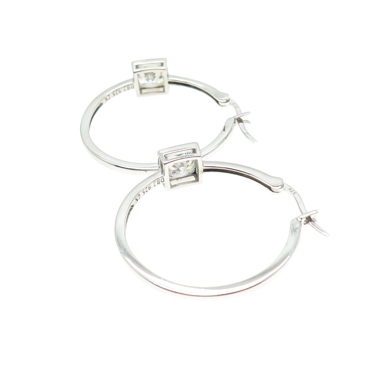 DEE BERKLEY JEWELRY 925 Sterling Princess-Cut Shaped C Z Hinged Hoop Earrings