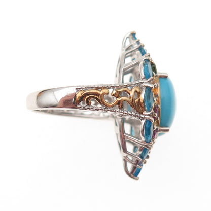 Chuck Clemency 925 Sterling Silver 2-Tone Real Multi-Color Gem Ring Size 8.25