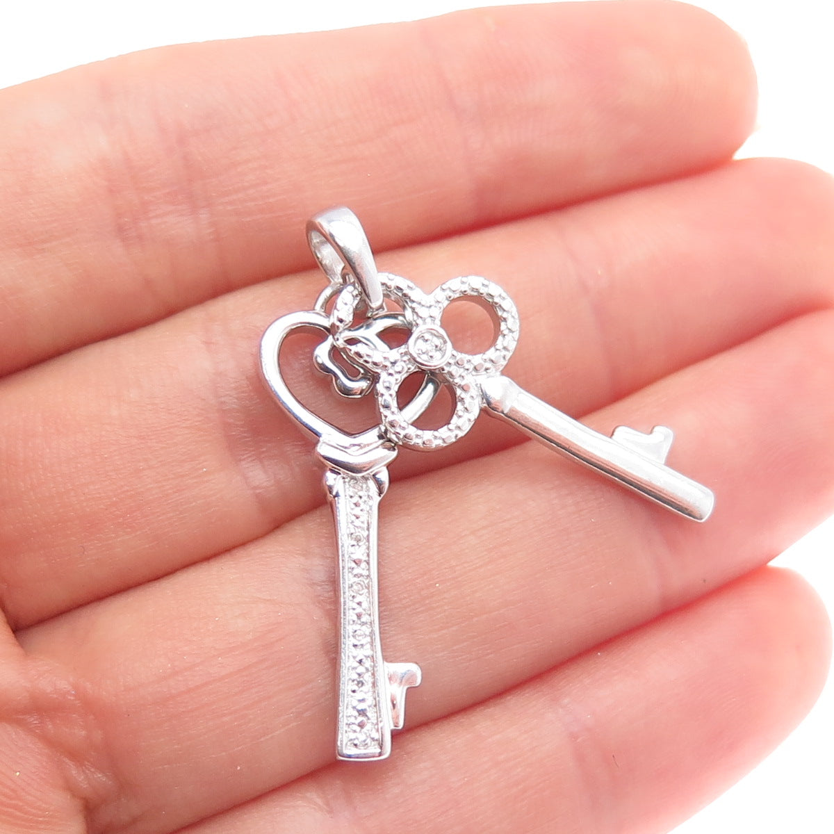 925 Sterling Silver Real Round-Cut Diamond Heart & Club Key Charm Pendant