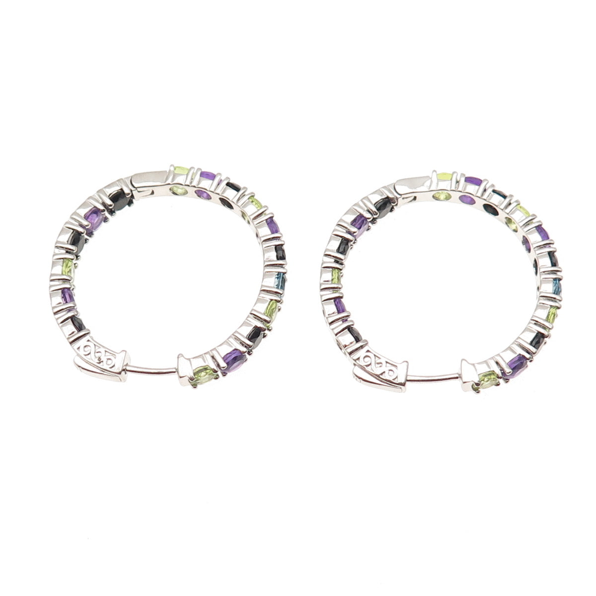 925 Sterling Silver Real Topaz Amethyst Peridot Spinel In & Out Hoop Earrings