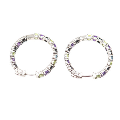 925 Sterling Silver Real Topaz Amethyst Peridot Spinel In & Out Hoop Earrings