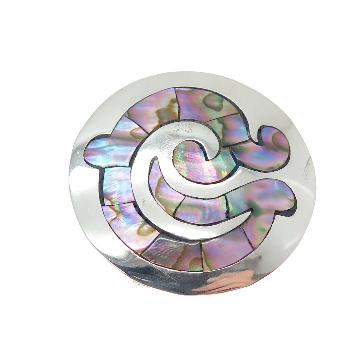 925 Sterling Silver Vintage Mexico Real Abalone Shell Tribal Symbol Pin Brooch