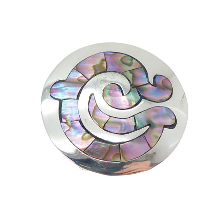 925 Sterling Silver Vintage Mexico Real Abalone Shell Tribal Symbol Pin Brooch