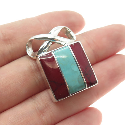 925 Sterling Silver Vintage Mexico Real Turquoise & Red Jasper Infinity Pendant