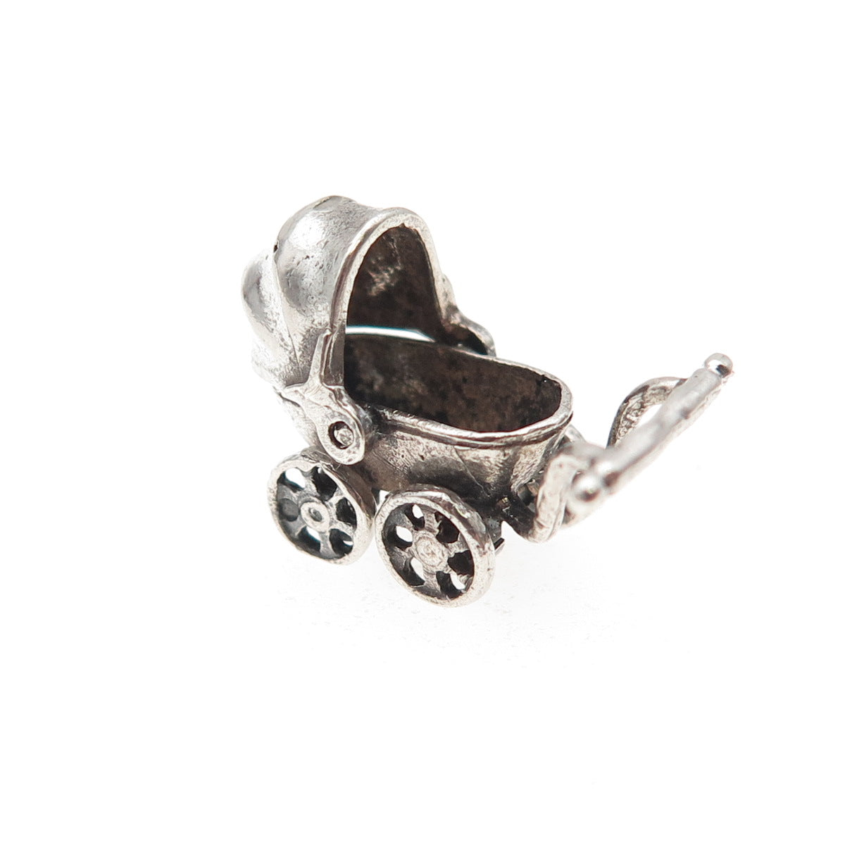 925 Sterling Silver Vintage Baby Stroller Oxidized Movable 3D Mini Charm Pendant