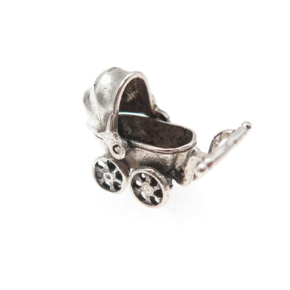 925 Sterling Silver Vintage Baby Stroller Oxidized Movable 3D Mini Charm Pendant