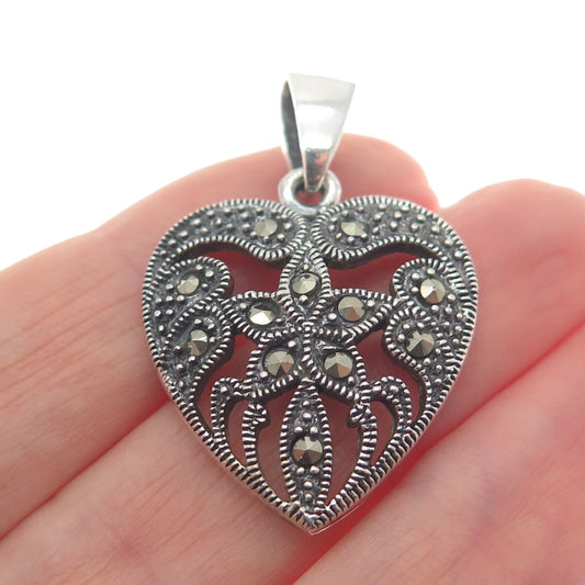 925 Sterling Silver Vintage Real Marcasite Flower Heart Oxidized Pendant
