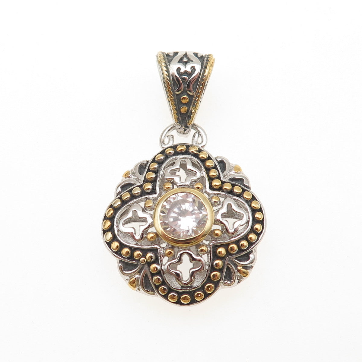 925 Sterling Silver 2-Tone Round-Cut C Z Beaded Cross Charm Pendant