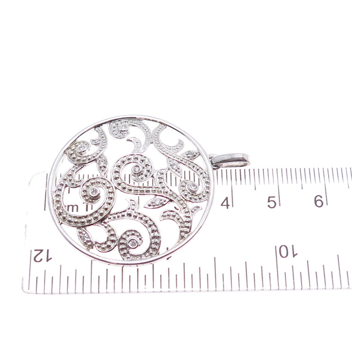 925 Sterling Silver Real Round-Cut Diamond Floral Scroll Charm Pendant