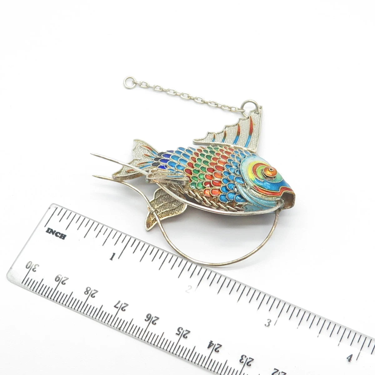 925 Sterling Silver Antique Enamel Chinese Koi Fish Articulated Chatelaine Fob