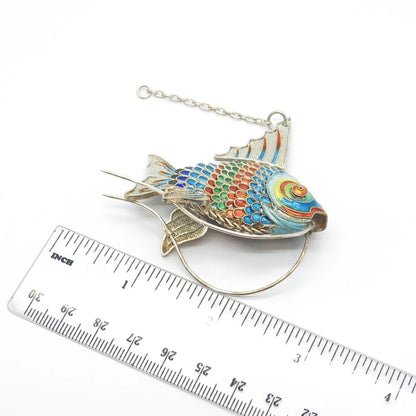 925 Sterling Silver Antique Enamel Chinese Koi Fish Articulated Chatelaine Fob