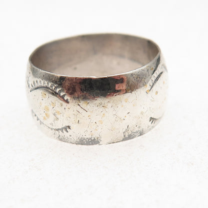 Old Pawn 925 Sterling Silver Vintage Southwestern Tribal Wide Band Ring Size 8.5