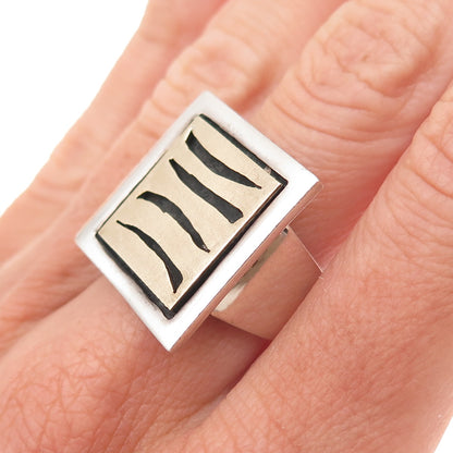 925 Sterling Silver 14K Gold Vintage Modernist Oxidized Ring Size 7