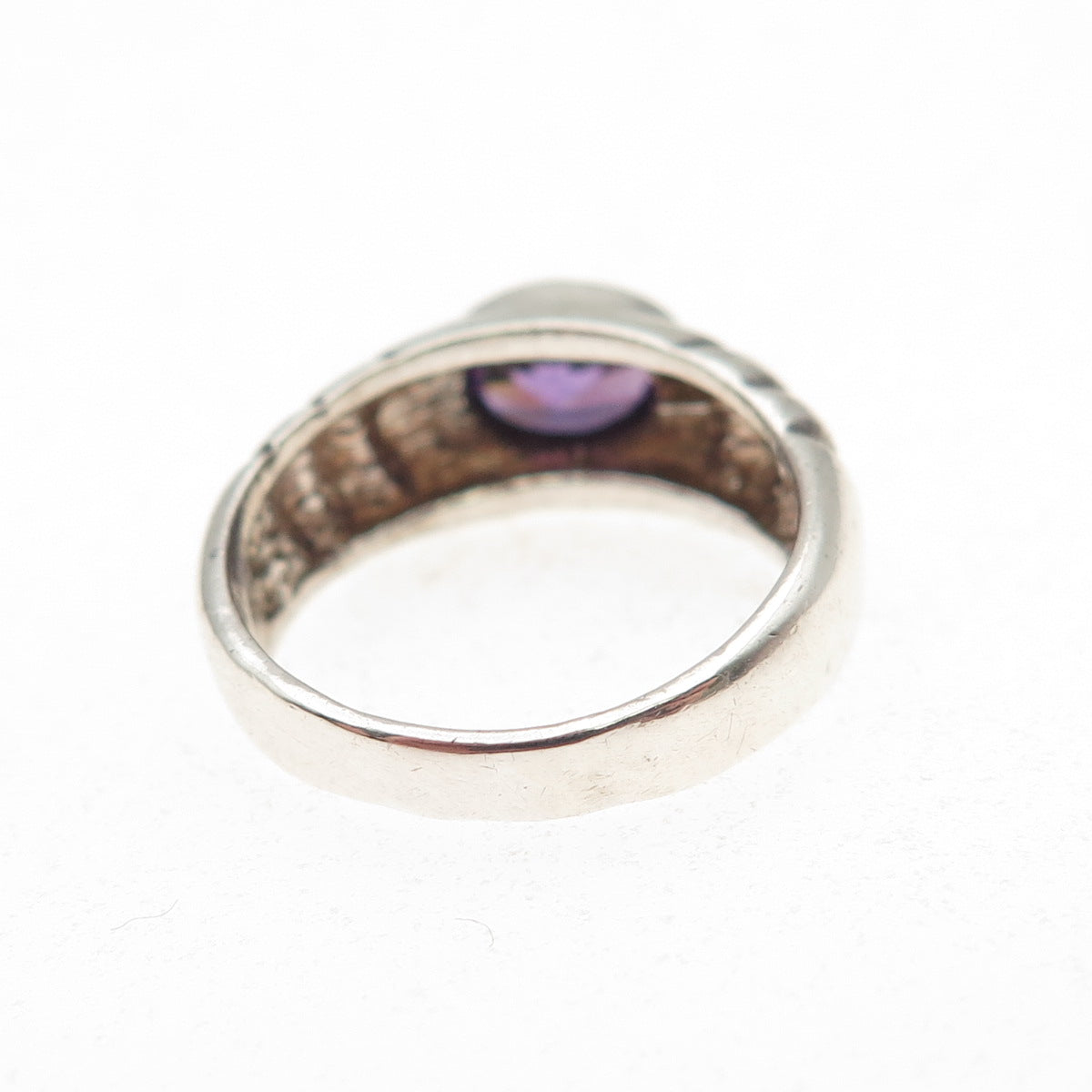 925 Sterling Silver Vintage Real Amethyst Modernist Oxidized Ring Size 4.75