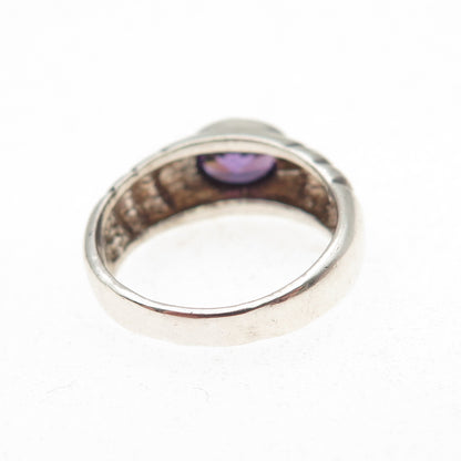 925 Sterling Silver Vintage Real Amethyst Modernist Oxidized Ring Size 4.75