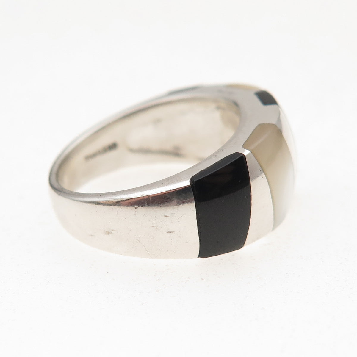 CNA Pranda 925 Sterling Silver Vintage Real Black Onyx & MOP Mosaic Ring Size 6