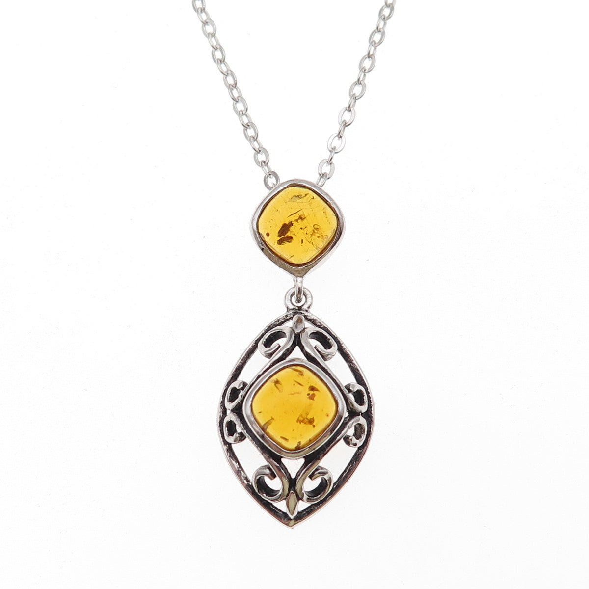 925 Sterling Silver Real Amber Floral Scroll Cable Chain Necklace 18"
