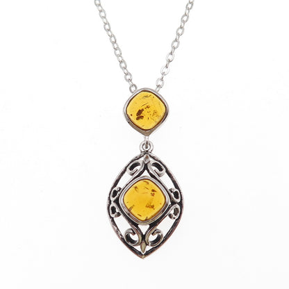 925 Sterling Silver Real Amber Floral Scroll Cable Chain Necklace 18"