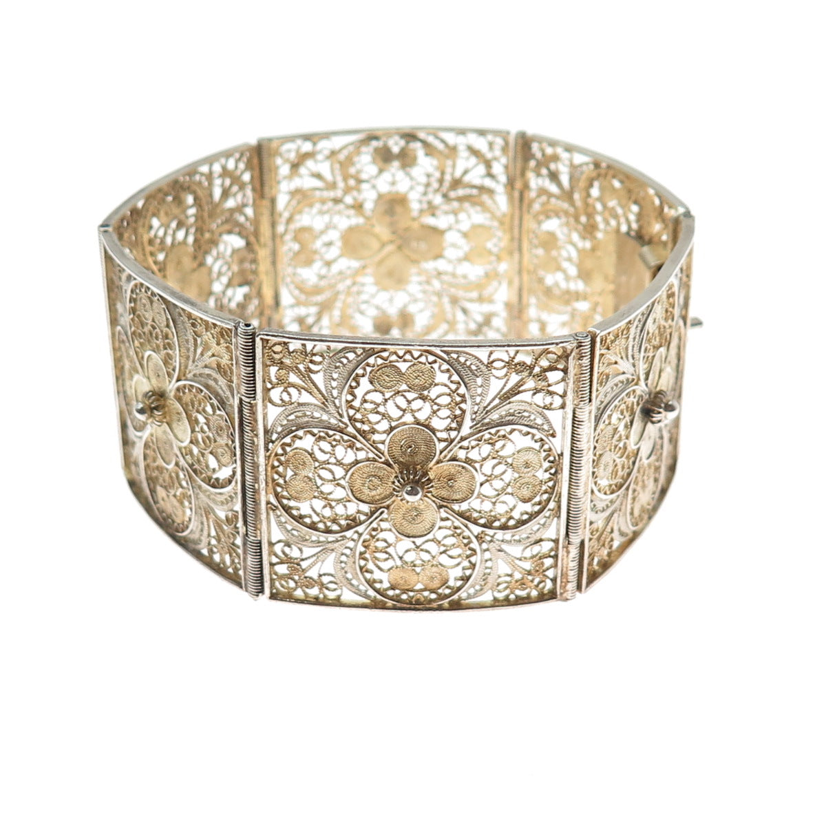 800 Silver Gold Plated Antique Italy Flower Filigree Panel Link Bracelet 7.25"