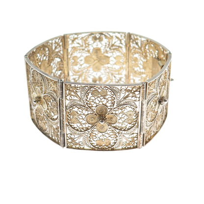 800 Silver Gold Plated Antique Italy Flower Filigree Panel Link Bracelet 7.25"