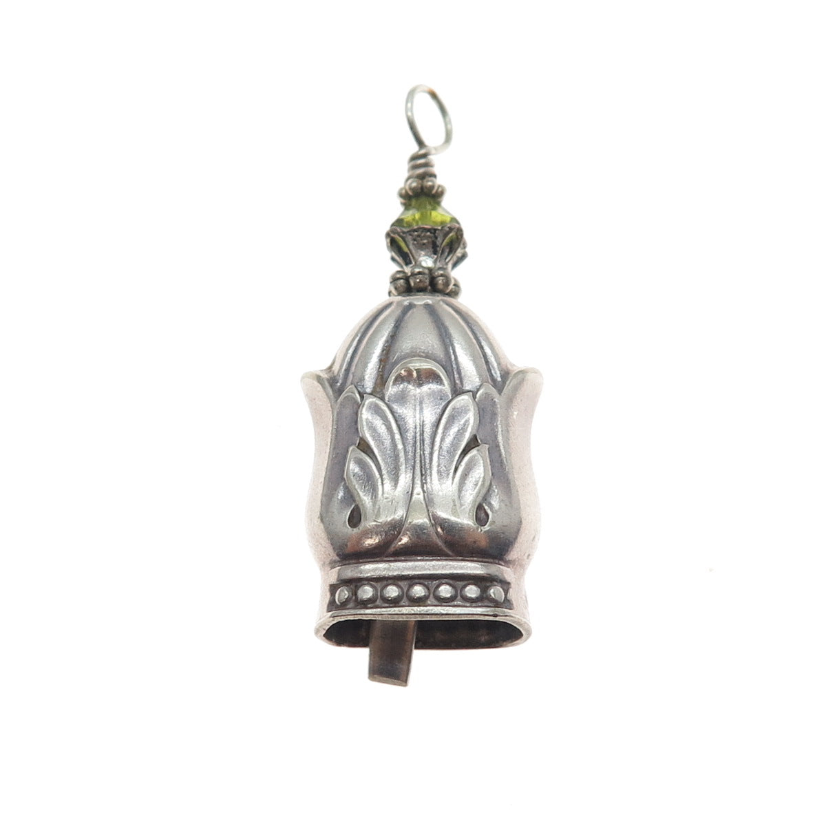925 Sterling Silver Vintage Green Crystal Floral Bell Oxidized Charm Pendant