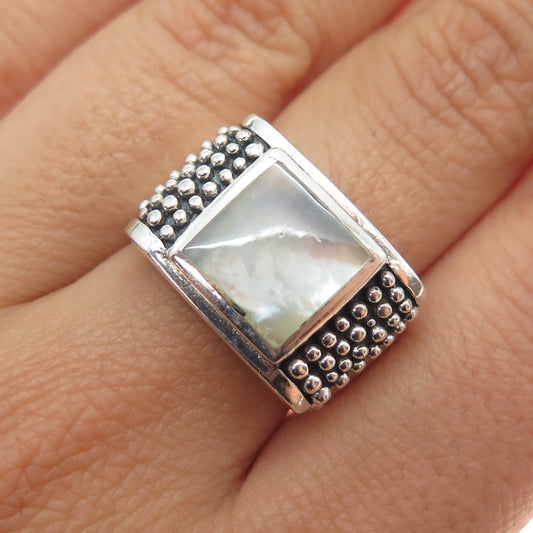 925 Sterling Silver Vintage Real MOP Granulated Oxidized Ring Size 7.75