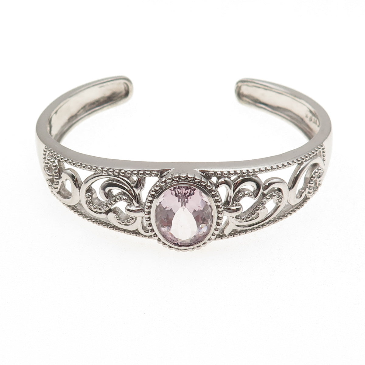 Sai 925 Sterling Silver Real Kunzite & C Z Floral Adjustable Cuff Bracelet 7.5"